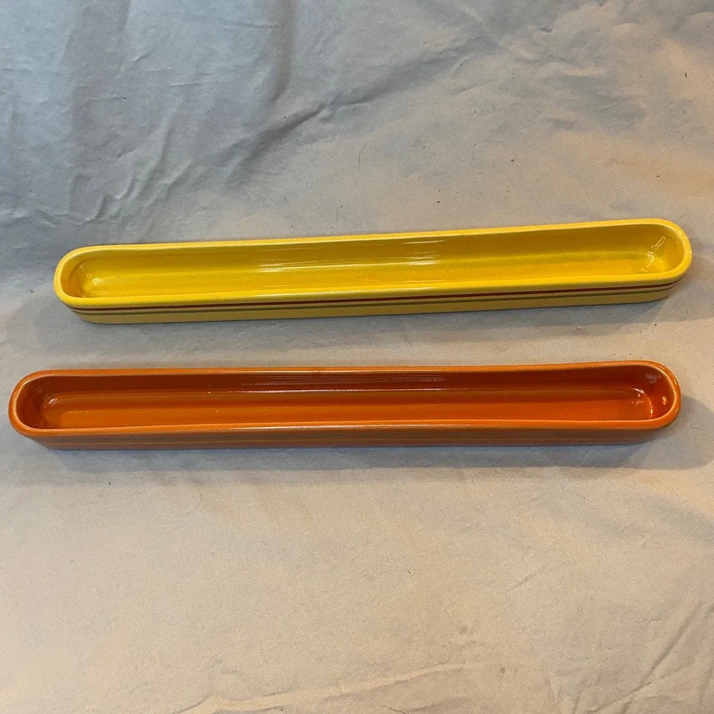 Set of 2‎ Ceramic Olive Serving Trays Yellow Orange Striped Rectangular Dishware
